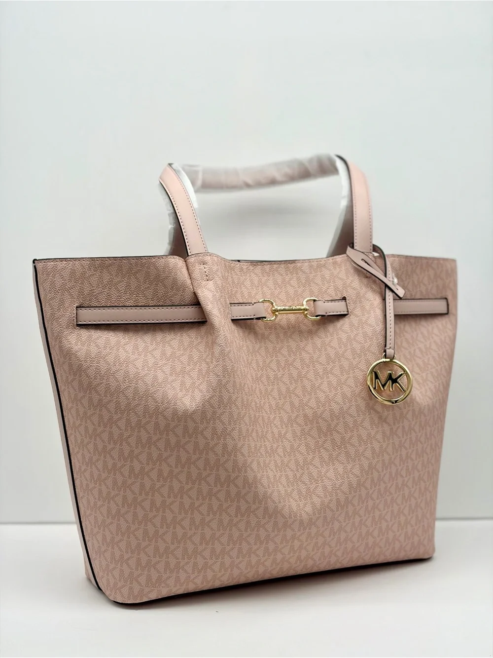 Michael Kors Carson Lg CZ EW Signature Logo Shoulder Tote Handbag Powder Blush